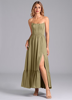Azazie Leilana Bridesmaid Dresses Moss Green A-Line Corset Stretch Satin Dress image3