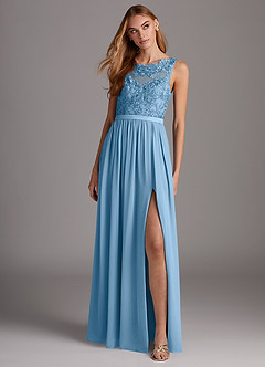 Azazie Elly Abiti da Damigella Abito A-Line in Chiffon Scollo a barchetta in pizzo Blu Acciaio image3