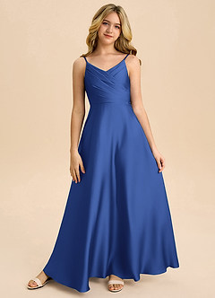 Azazie Bug Junior Robe Trapèze en Satin extensible Plissée Bleu Roi image5