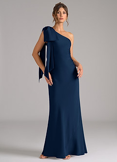 Azazie Capri Bridesmaid Dresses Dark Navy Mermaid One Shoulder Stretch Satin Dress image1