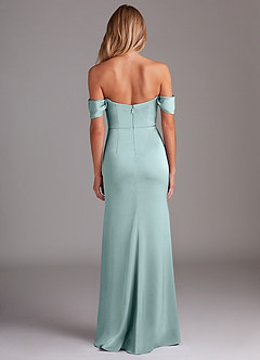 Azazie Saige Bridesmaid Dresses Sea Glass Sheath Off the Shoulder Stretch Satin Dress image10