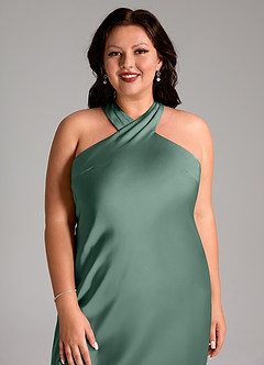 Azazie Doretta Bridesmaid Dresses Eucalyptus Mermaid Pleated Stretch Satin Dress image11