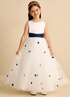 Azazie Cricket Flower Girl Dresses Ivory Dark Navy Ball-Gown Pleated Matte Satin Dress image4