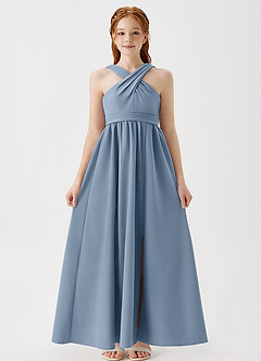 Azazie Jiya Junior Dusty Blue A-Line Pleated Stretch Crepe Dress image6