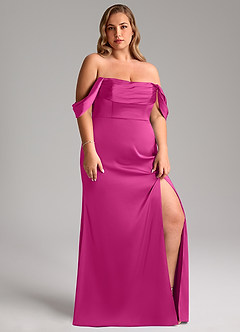 Azazie Saige Bridesmaid Dresses Fuchsia Sheath Off the Shoulder Stretch Satin Dress image13