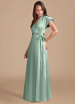 Azazie Nico Bridesmaid Dresses Agave A-Line Pleated Metallic Satin Dress image3