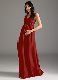 Azazie Yetta Maternity Bridesmaid Dresses A-Line Pleated Stretch Satin Floor-Length Dress image1