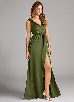 Azazie Tanicia Robes de demoiselle d'honneur Robe Trapèze en Satin extensible Plissée Olive image4