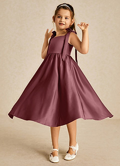 Azazie Chelsie Blumenmädchenkleider A-Linie Schleifen Matte Satin Kleid Wüstenrose image3