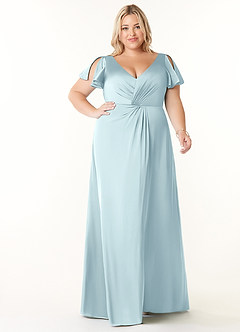 Azazie Soren Bridesmaid Dresses Cloud Blue A-Line Pleated Stretch Satin Dress image1