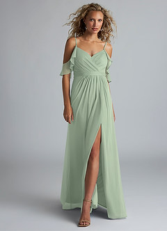 Azazie Fiena Final Sale Dusty Sage A-Line V-neck Ruched Mesh Dress image4
