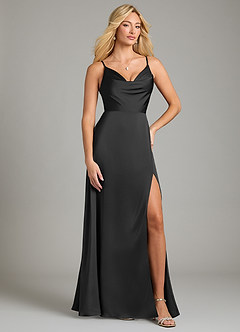 Azazie Sarella Bridesmaid Dresses Black A-Line Pleated Stretch Satin Dress image1