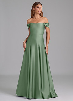 Azazie Seriana Bridesmaid Dresses Matcha A-Line Off the Shoulder Stretch Satin Convertible Dress image1