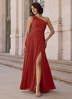Azazie Brooke Bridesmaid Dresses Terracotta A-Line One Shoulder Chiffon Dress image2
