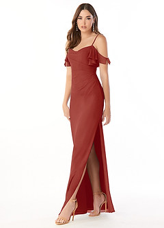 Azazie Emeralda Bridesmaid Dresses Terracotta Sheath Off the Shoulder Chiffon Dress image1