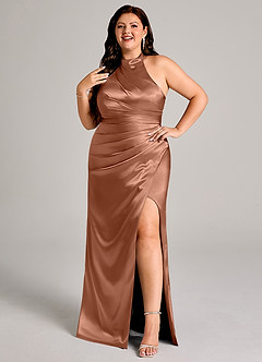 Azazie Jemma At-home Try On Dresses Dusty Blue Sheath Pleated Metallic Satin Dress image10