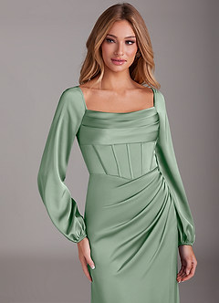 Azazie Charissa Brautjungfernkleider Etui Langarm Stretch-Satin Kleid Agave image7