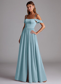 Azazie Calianna Robes de demoiselle d'honneur Robe Trapèze Convertible en Satin extensible Épaule décolletée Bleu Maussade image3