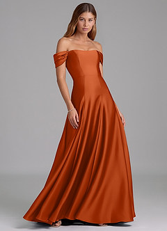 Azazie Seriana Robes de demoiselle d'honneur Robe Trapèze Convertible en Satin extensible Épaule décolletée Orange Brûlée image4