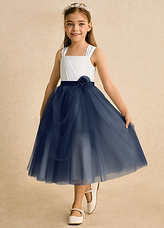 Azazie Bonny Flower Girl Dresses Ivory Dark Navy Ball-Gown Pleated Tulle Dress image6