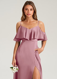 Azazie Jean Bridesmaid Dresses Vintage Mauve A-Line Off the Shoulder Stretch Satin Dress image6