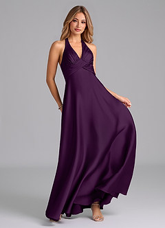 Azazie Tessie Bridesmaid Dresses Grape A-Line Pleated Stretch Satin Dress image4
