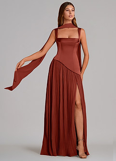 Azazie Stephanie Bridesmaid Dresses Terracotta A-Line Pleated Stretch Satin Dress image1