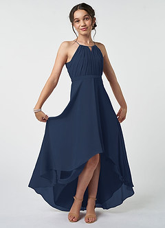 Azazie Oaklynn Junior Dark Navy A-Line Pleated Chiffon Dress image2