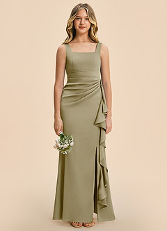 Azazie Adrienne Junior Vestido Musgo Verde de Satén Elástico de Corte Recto con Plisado image3