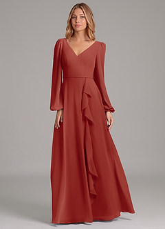 Azazie Simone Bridesmaid Dresses Terracotta A-Line Long Sleeve Chiffon Dress image5