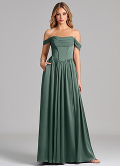 Azazie Raisa Robes de demoiselle d'honneur Robe Trapèze en Satin extensible Épaule décolletée Mousse De Mer image1