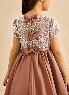 Azazie Cashew Flower Girl Dresses Bronzer Ball-Gown with Sleeves Matte Satin Dress image7