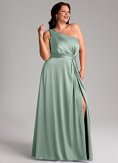 Azazie Brooke Bridesmaid Dresses Agave A-Line One Shoulder Stretch Satin Dress image12