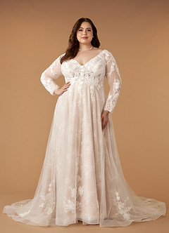 Azazie Leila Wedding Dresses Diamond White Nude A-Line V-Neck Sequins Tulle Dress image10