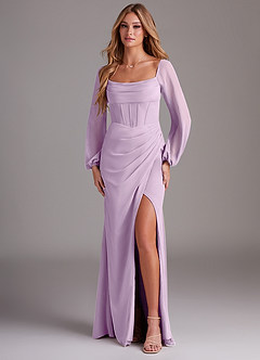 Azazie Charissa Bridesmaid Dresses Frosted Lilac Sheath Long Sleeve Chiffon Dress image1