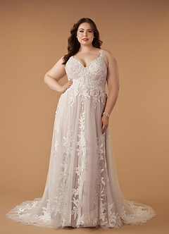 Azazie Delaina Wedding Dresses Diamond White Caramel A-Line V-Neck Sequins Tulle Dress image13
