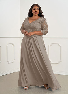 Azazie Hayek vestidos de madre de la novia Vestido de Gris Pardo de Gasa de Corte En A con Cuello en V de encaje image6