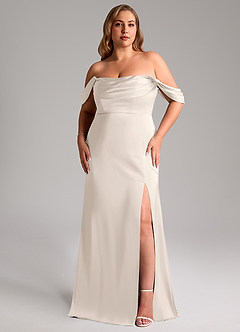 Azazie Saige Bridesmaid Dresses White Alabaster Sheath Off the Shoulder Stretch Satin Dress image16