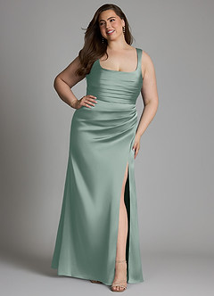 Azazie Sierra At-home Try On Dresses Dusty Rose A-Line Corset Stretch Satin Dress image11