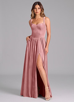 Azazie Francis Robes de demoiselle d'honneur Robe Trapèze en velours Corset Rose Poussiéreuse image3