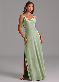 Azazie Olaine Robes de demoiselle d'honneur Robe Trapèze en velours Plissée Vert Sauge image5