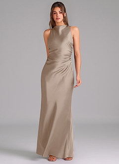 Azazie Evadne Bridesmaid Dresses Taupe Sheath Pleated Stretch Satin Dress image3