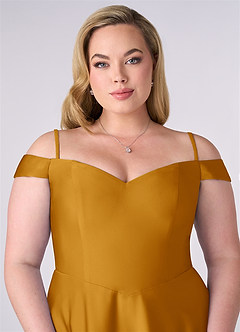 Barbie ♥ Azazie Robes de demoiselle d'honneur Robe Trapèze Convertible en Satin extensible Épaule décolletée Caramel écossais image7