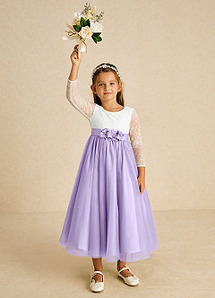 Azazie Mae vestidos de niña de las flores Vestido de Marfil Lila de Tul de Corte En A con Lazo image4