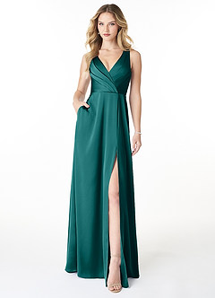 Azazie Nelly Bridesmaid Dresses Peacock A-Line V-Neck Pleated Stretch Satin Dress image1