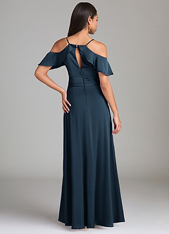 Azazie Dakota Vestidos de damas de honor Vestido Azul Marino Oscuro de Satén Elástico de Línea A con Hombros descubiertos image2