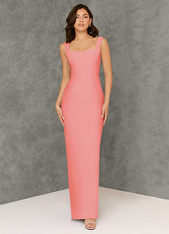 Azazie Flori Bridesmaid Dresses Coral Sheath Square Neckline Chiffon Dress image1