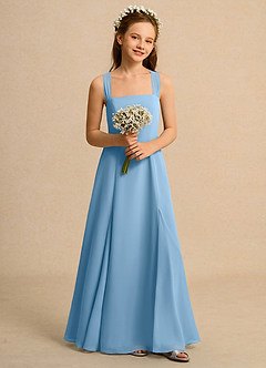 Azazie Tater Junior Formal Jurken voor bloemenmeisjes A-Lijn Jurk van Chiffon Geplooid Staal Blauw image4