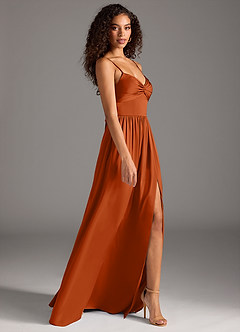 Azazie Zeya Vestidos de damas de honor Vestido de Naranja Quemada de Satén Elástico de Corte en A con Plisado image6