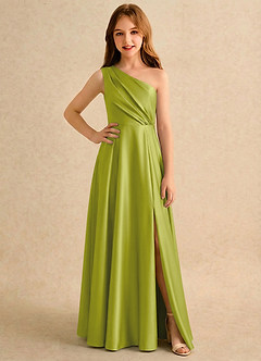 Azazie Puddles Girls Formal Robe Demoiselle D'honneur Fillette Robe Trapèze en Satin extensible Une épaule Citronnelle image1